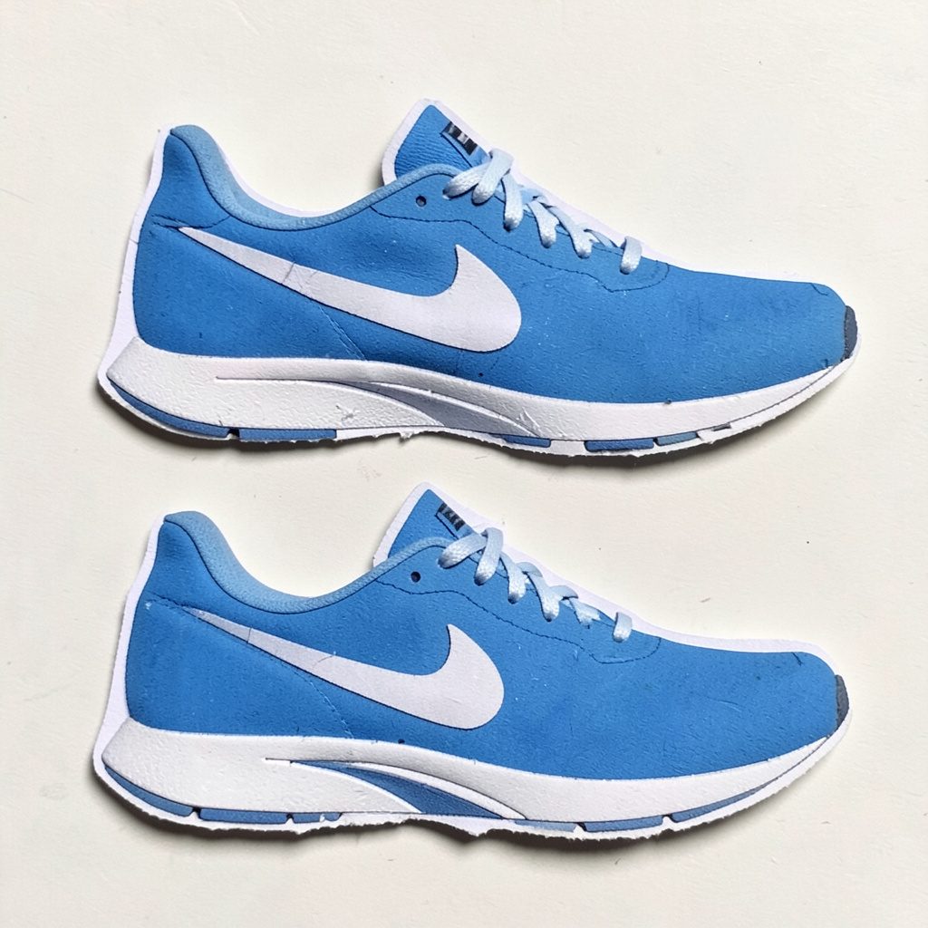 Layered paper cutout of blue running shoes on a soft gray background